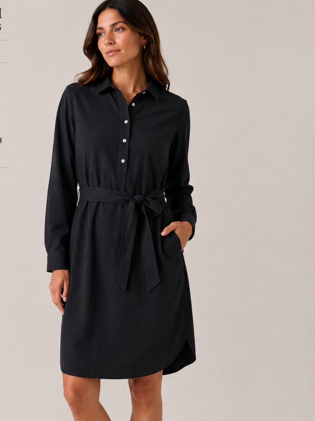 Tahari Black Long-Sleeve Tie Waist Shirt Dress | Medium
